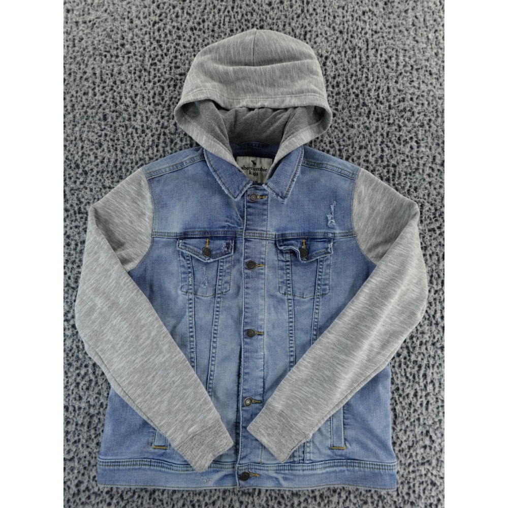 Abercrombie Kids Denim Jacket Hooded Gray Sleeve Distressed Size 15/16